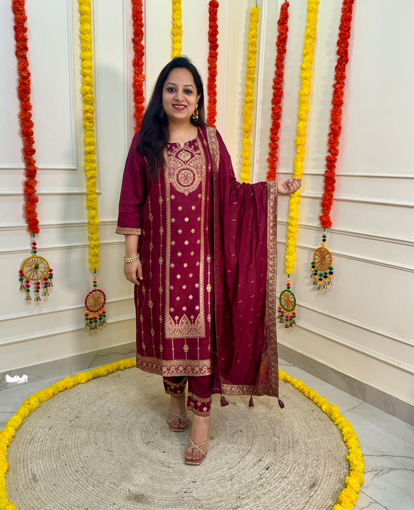 Silk Zari Jacqaurd Suit Set-Wine Colour