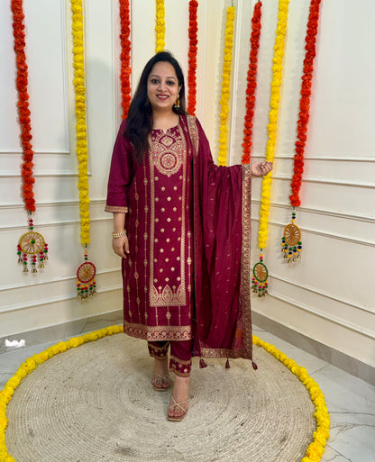 Silk Zari Jacqaurd Suit Set-Wine Colour