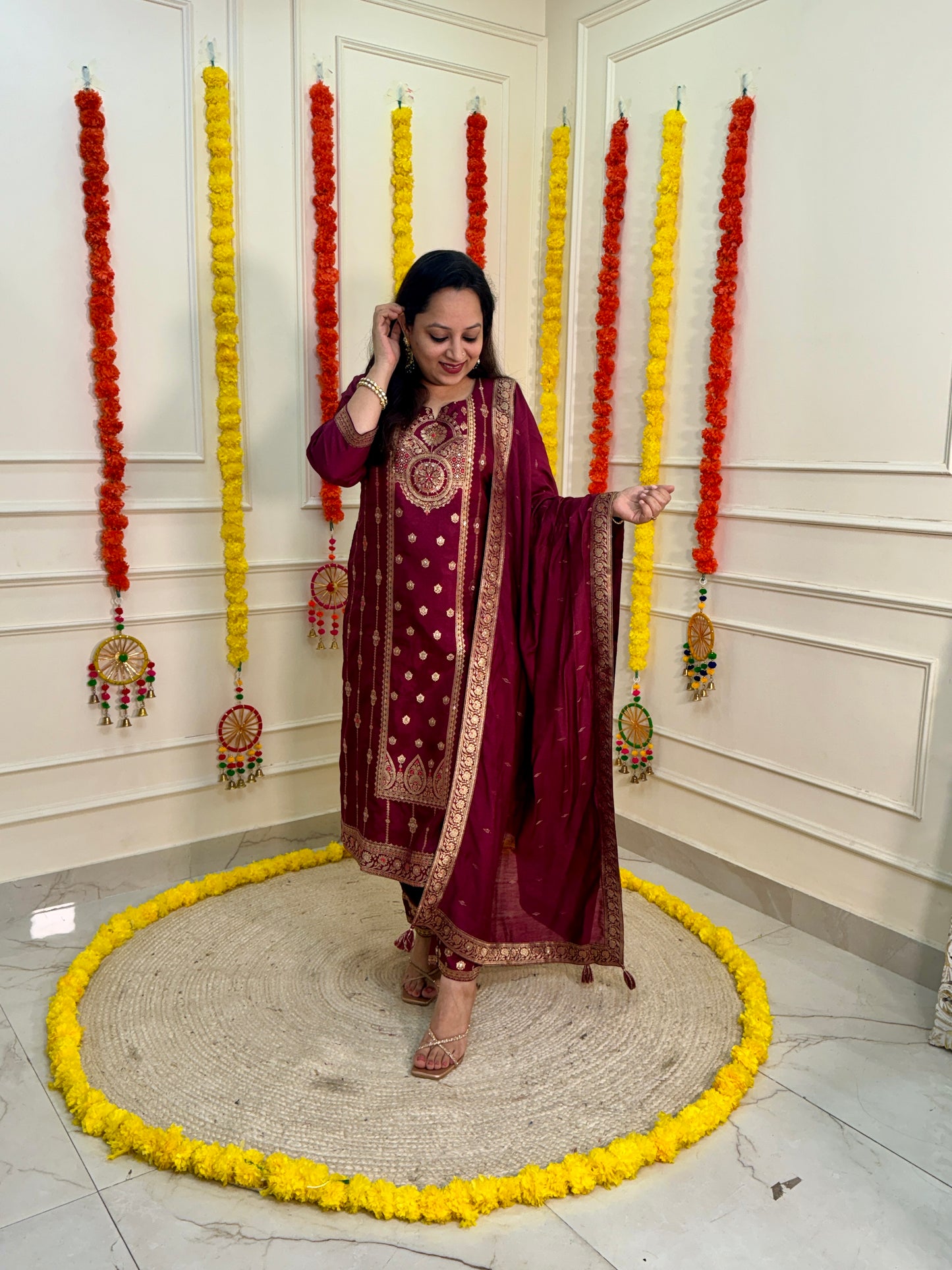 Silk Zari Jacqaurd Suit Set-Wine Colour