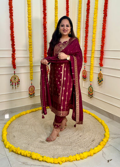 Silk Zari Jacqaurd Suit Set-Wine Colour