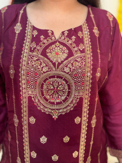 Silk Zari Jacqaurd Suit Set-Wine Colour