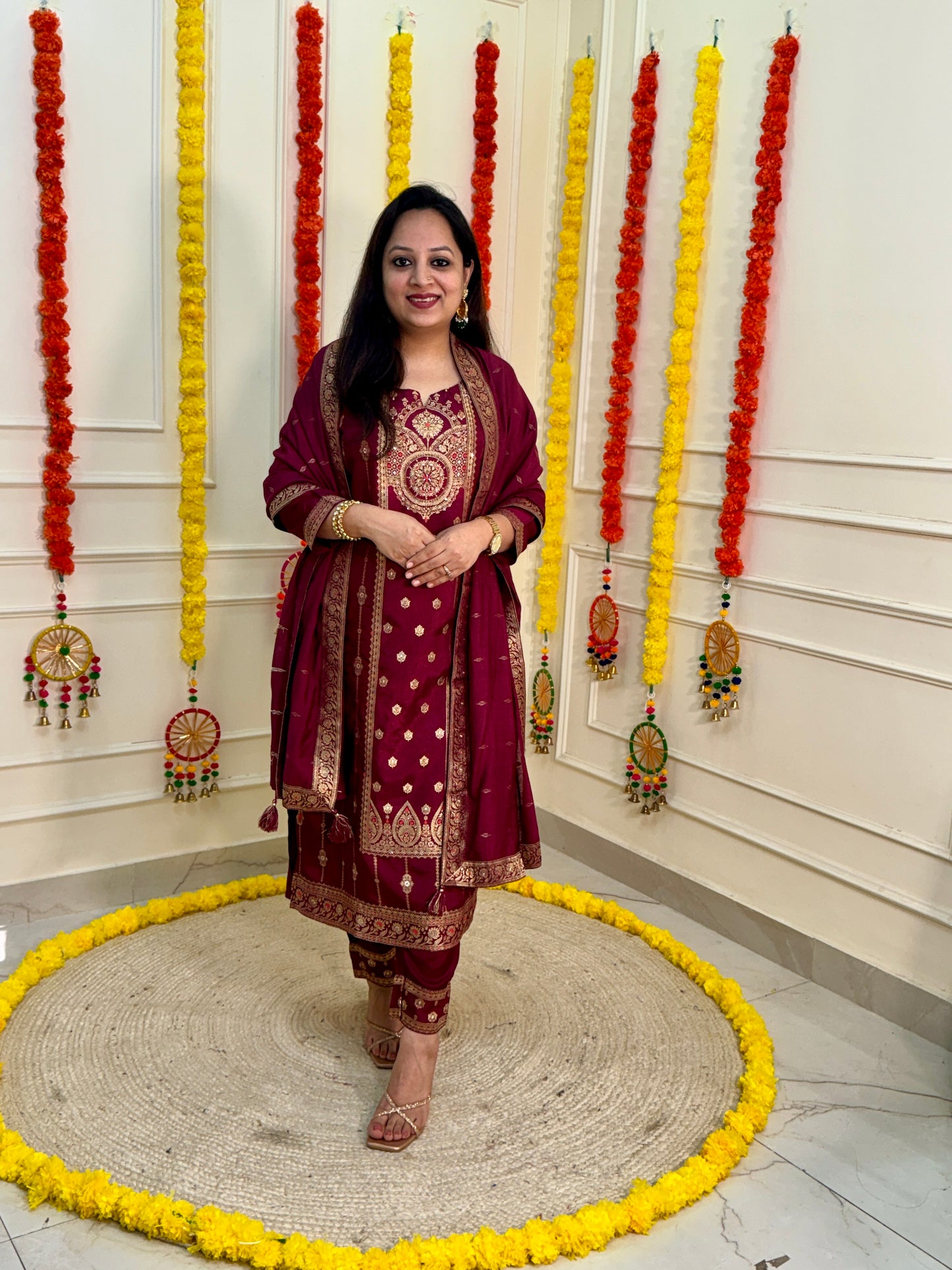 Silk Zari Jacqaurd Suit Set-Wine Colour