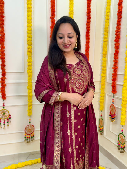 Silk Zari Jacqaurd Suit Set-Wine Colour