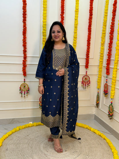 Silk Zari Jacqaurd Suit Set-Royal Blue Colour