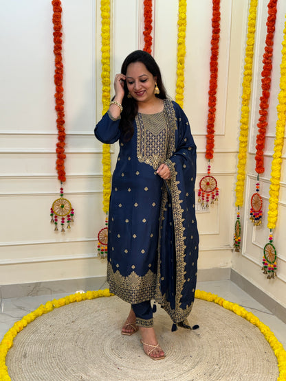 Silk Zari Jacqaurd Suit Set-Royal Blue Colour