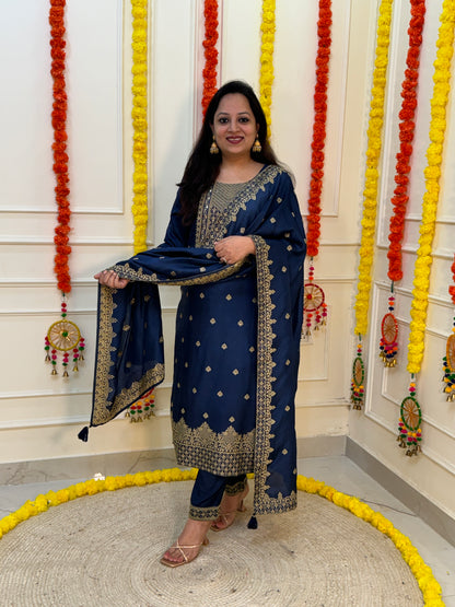Silk Zari Jacqaurd Suit Set-Royal Blue Colour