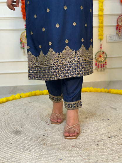 Silk Zari Jacqaurd Suit Set-Royal Blue Colour