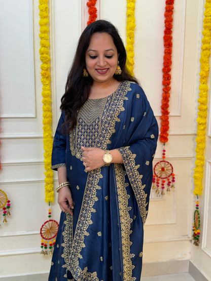 Silk Zari Jacqaurd Suit Set-Royal Blue Colour