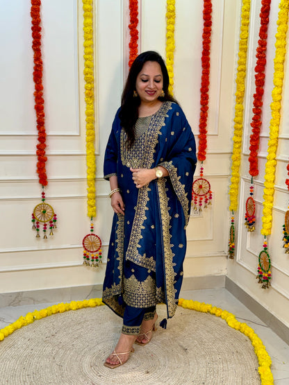 Silk Zari Jacqaurd Suit Set-Royal Blue Colour
