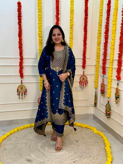 Silk Zari Jacqaurd Suit Set-Royal Blue Colour