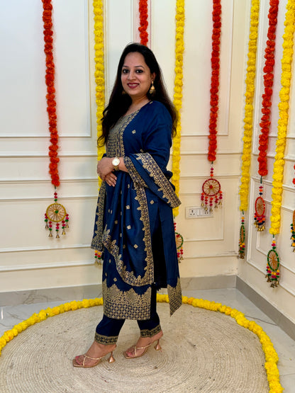 Silk Zari Jacqaurd Suit Set-Royal Blue Colour