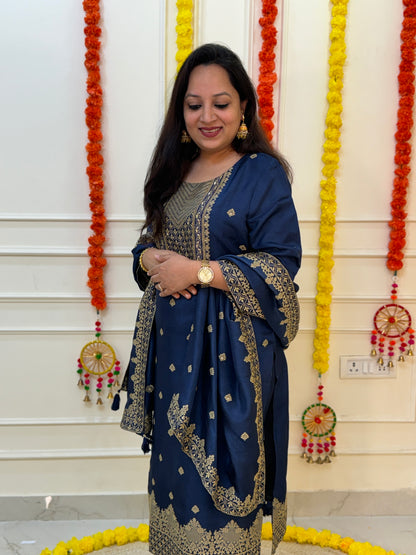 Silk Zari Jacqaurd Suit Set-Royal Blue Colour