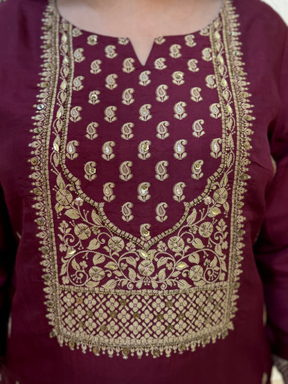Silk Zari Jacqaurd Suit Set-Maroon Ambi Colour