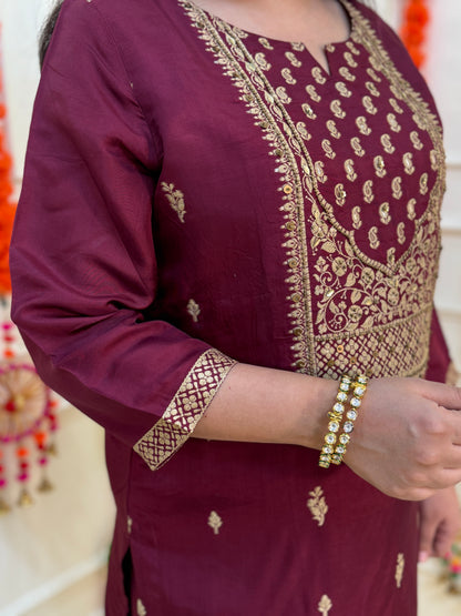 Silk Zari Jacqaurd Suit Set-Maroon Ambi Colour