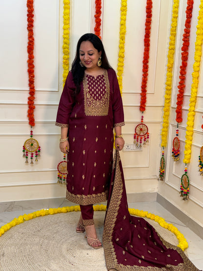 Silk Zari Jacqaurd Suit Set-Maroon Ambi Colour