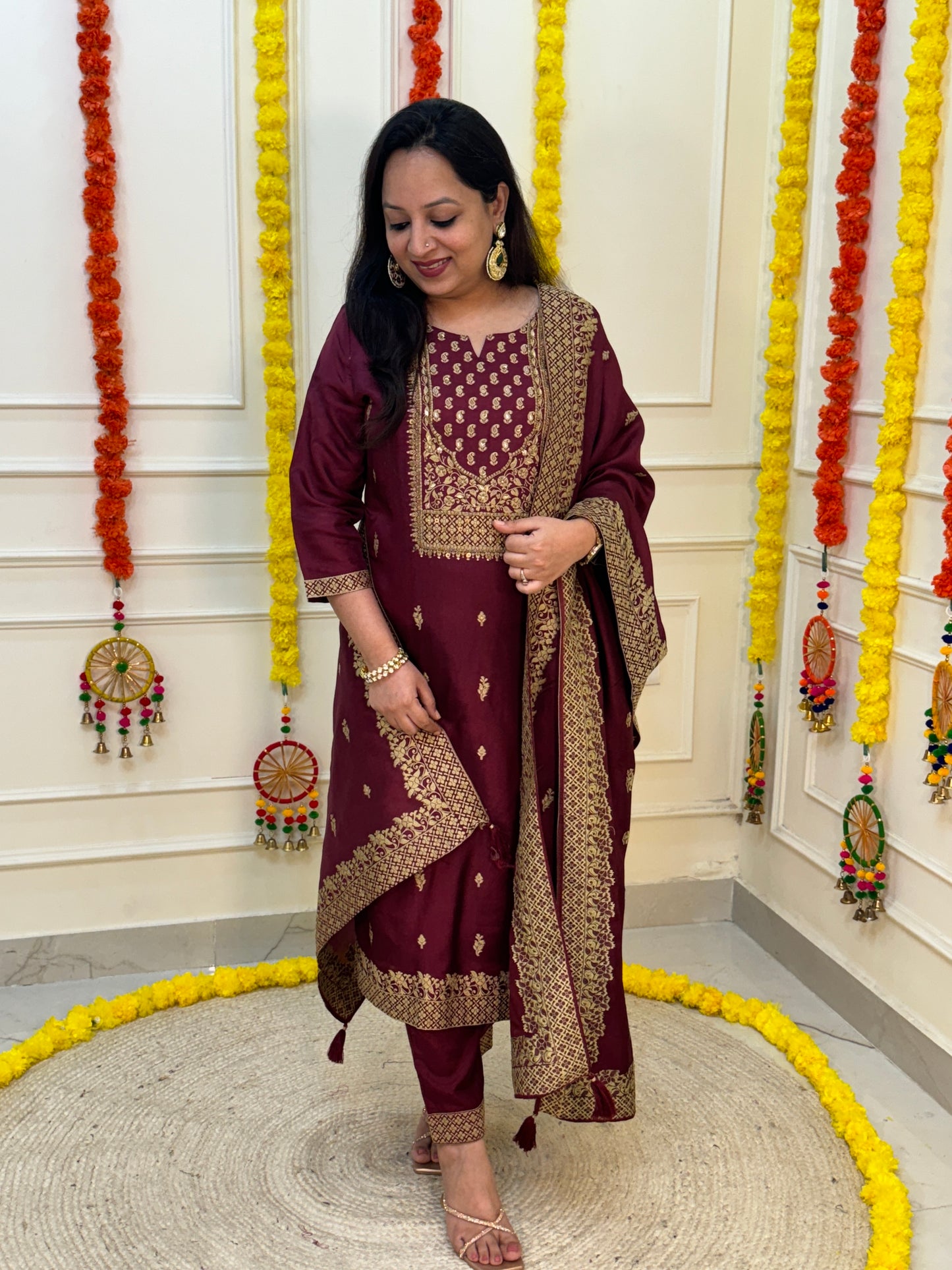 Silk Zari Jacqaurd Suit Set-Maroon Ambi Colour