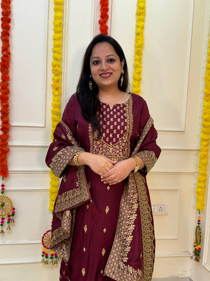 Silk Zari Jacqaurd Suit Set-Maroon Ambi Colour