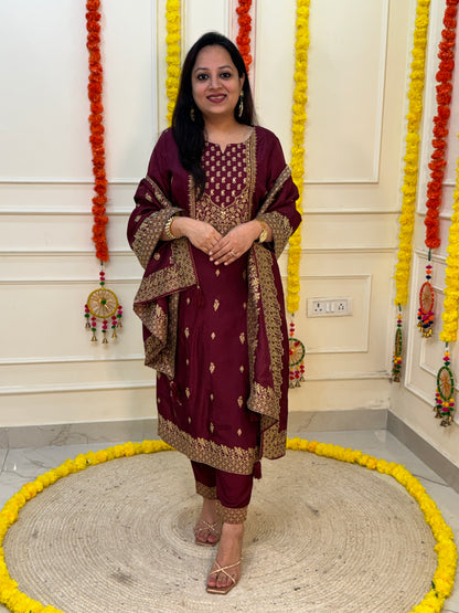 Silk Zari Jacqaurd Suit Set-Maroon Ambi Colour