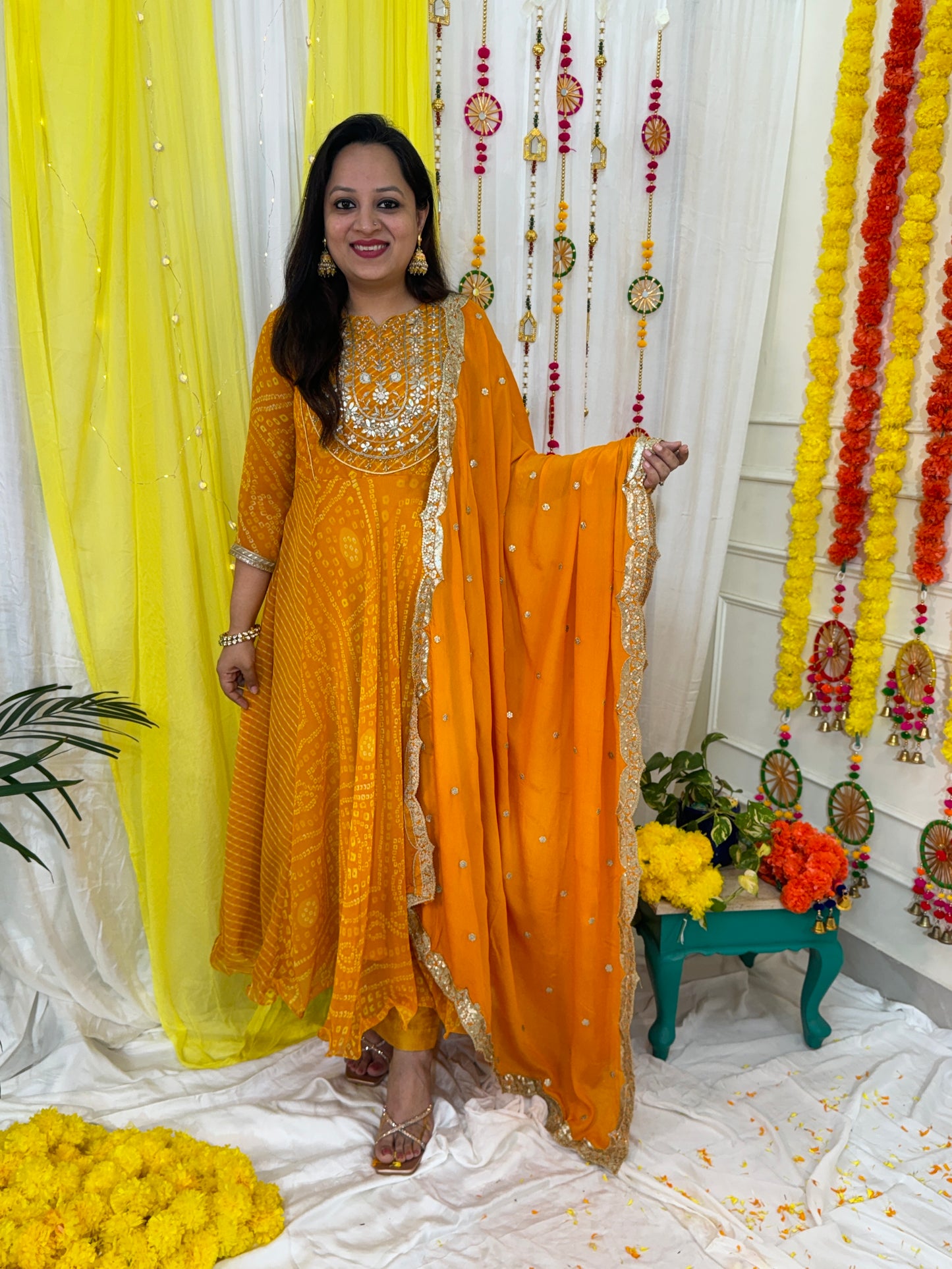 Georgette Bandhani Suit with Hand Embroidery - Yellow (Colour)