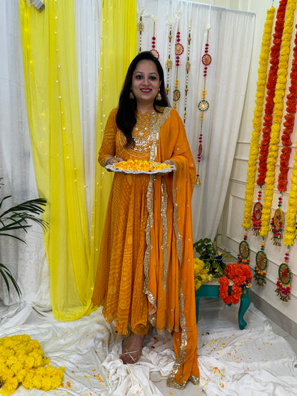 Georgette Bandhani Suit with Hand Embroidery - Yellow (Colour)