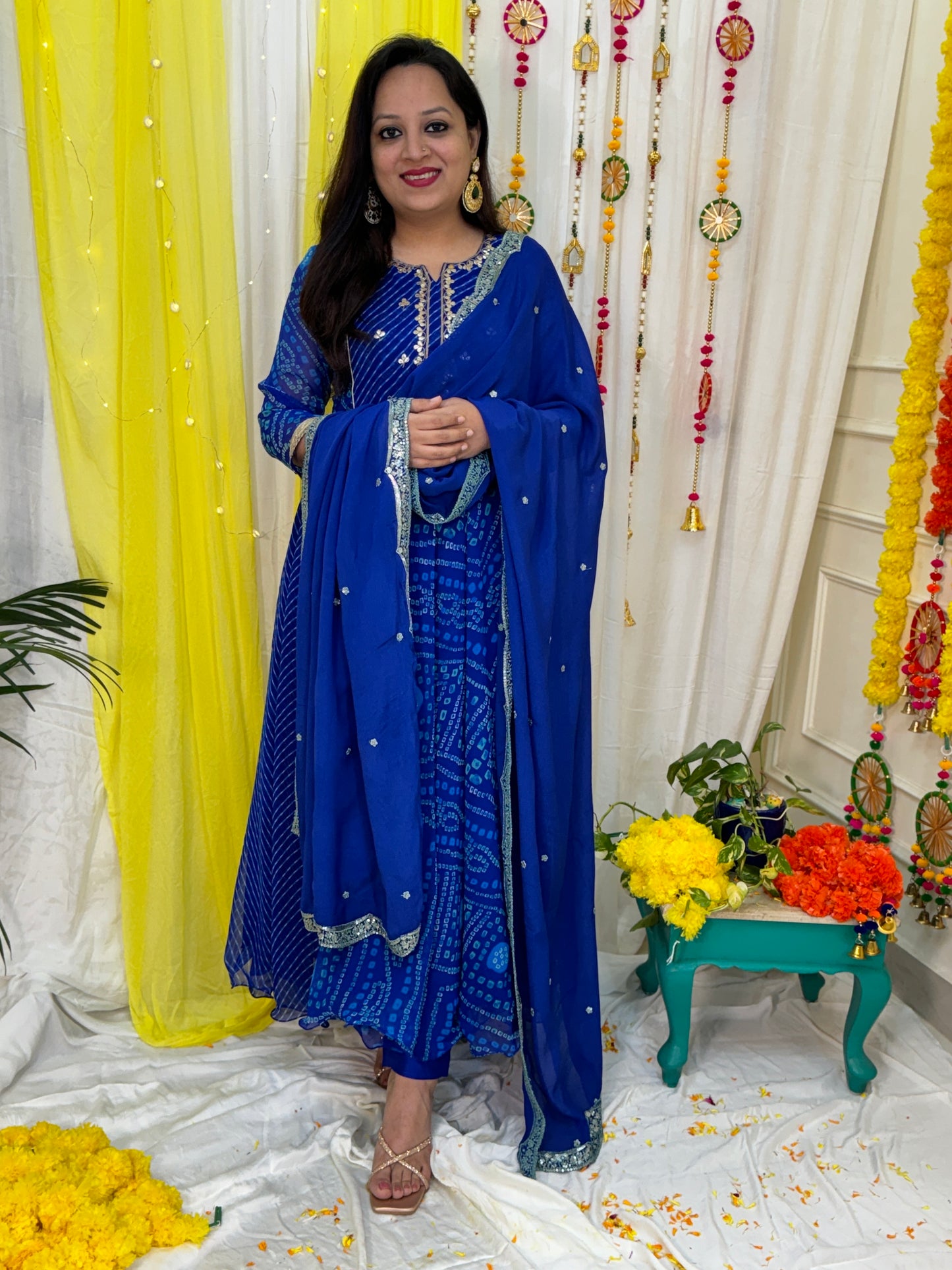 Georgette Bandhani Suit with Hand Embroidery - Blue (Colour)