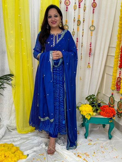 Georgette Bandhani Suit with Hand Embroidery - Blue (Colour)
