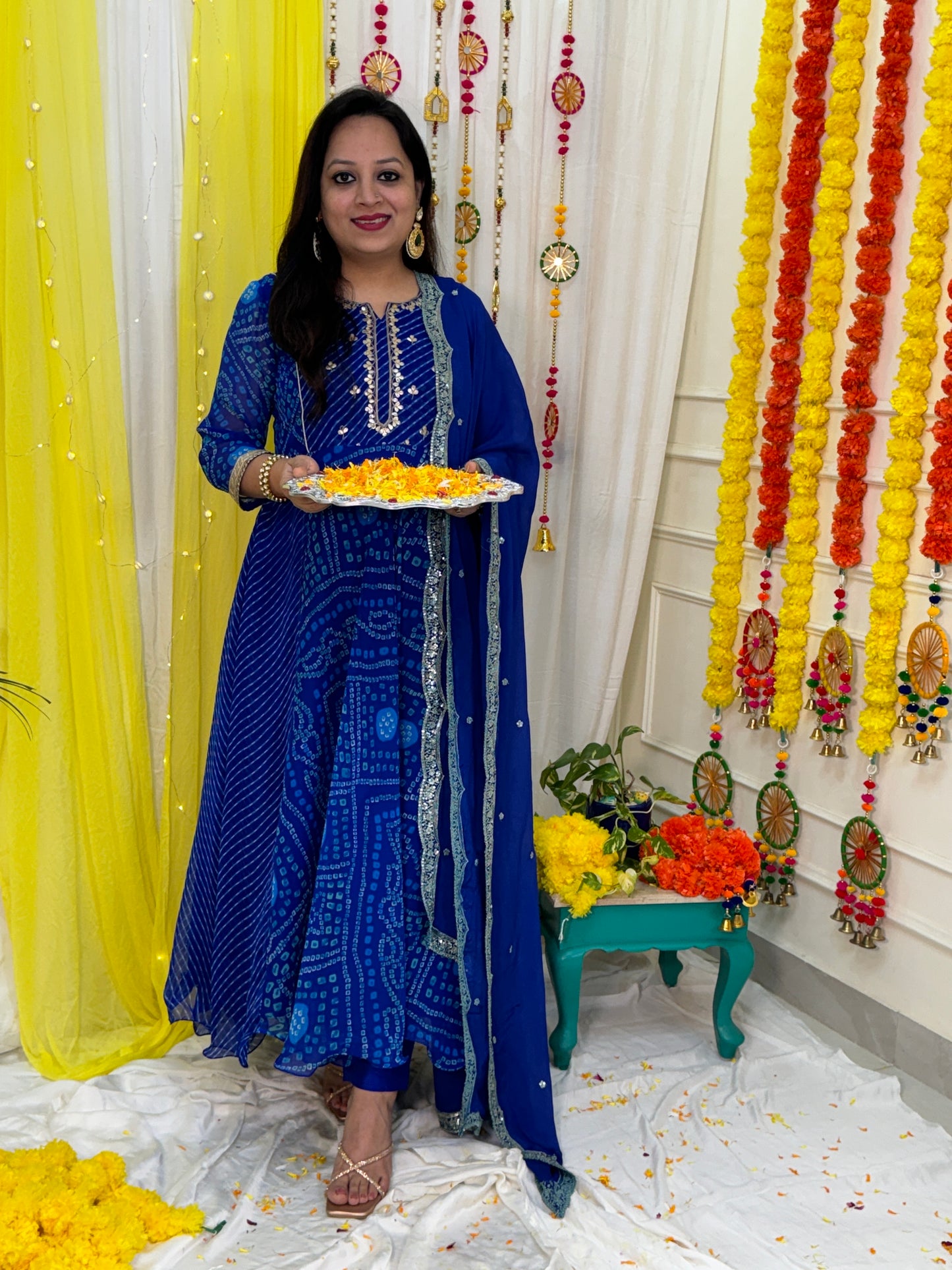 Georgette Bandhani Suit with Hand Embroidery - Blue (Colour)