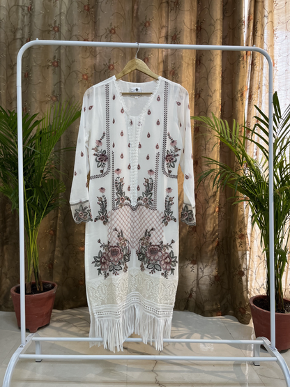 Frill Lace Stitched Pakistani Suit in White colour