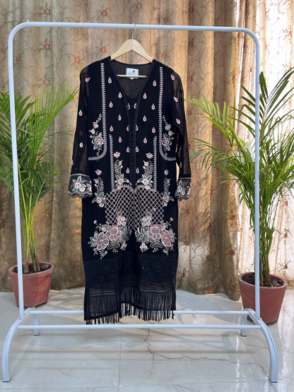 Frill Lace Stitched Pakistani Suit in Black colour