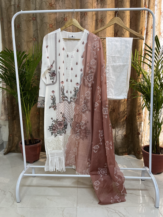 Frill Lace Stitched Pakistani Suit in White colour