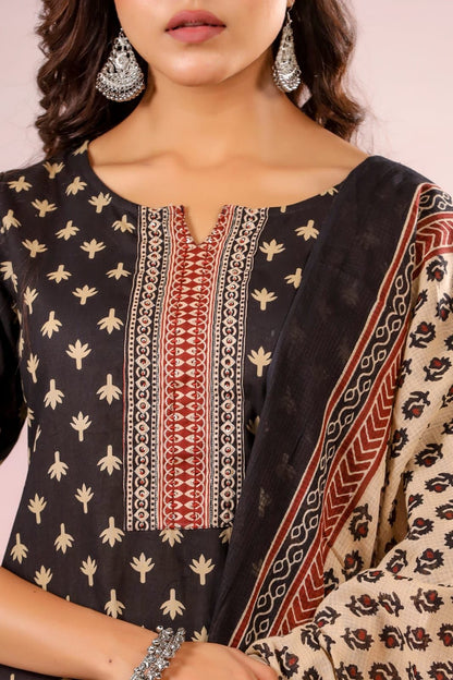 Vaya Pure Cotton Royal Jaipuri Print Suit- Black