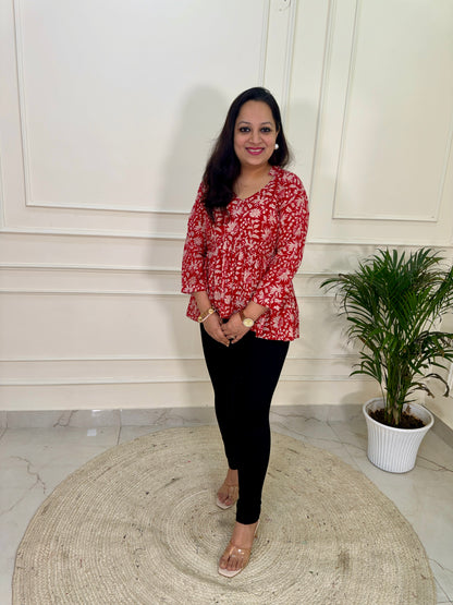 Hand Block Print Floral Gather Top-Red