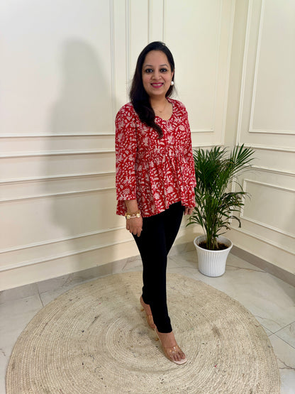 Hand Block Print Floral Gather Top-Red