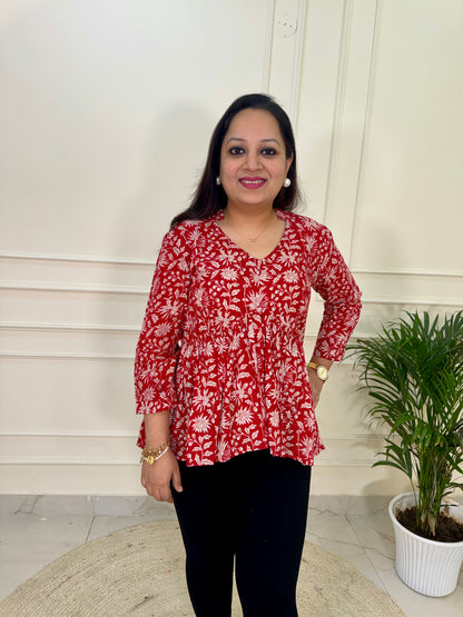 Hand Block Print Floral Gather Top-Red