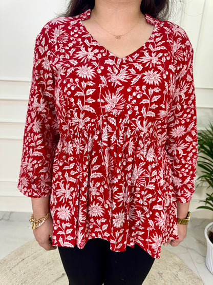 Hand Block Print Floral Gather Top-Red