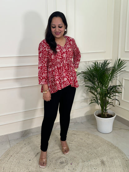 Hand Block Print Floral Gather Top-Red