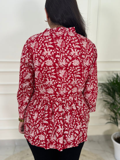 Hand Block Print Floral Gather Top-Red