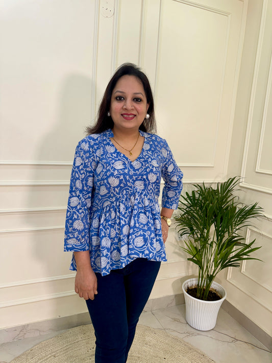Hand Block Print Floral Gather Top-Blue