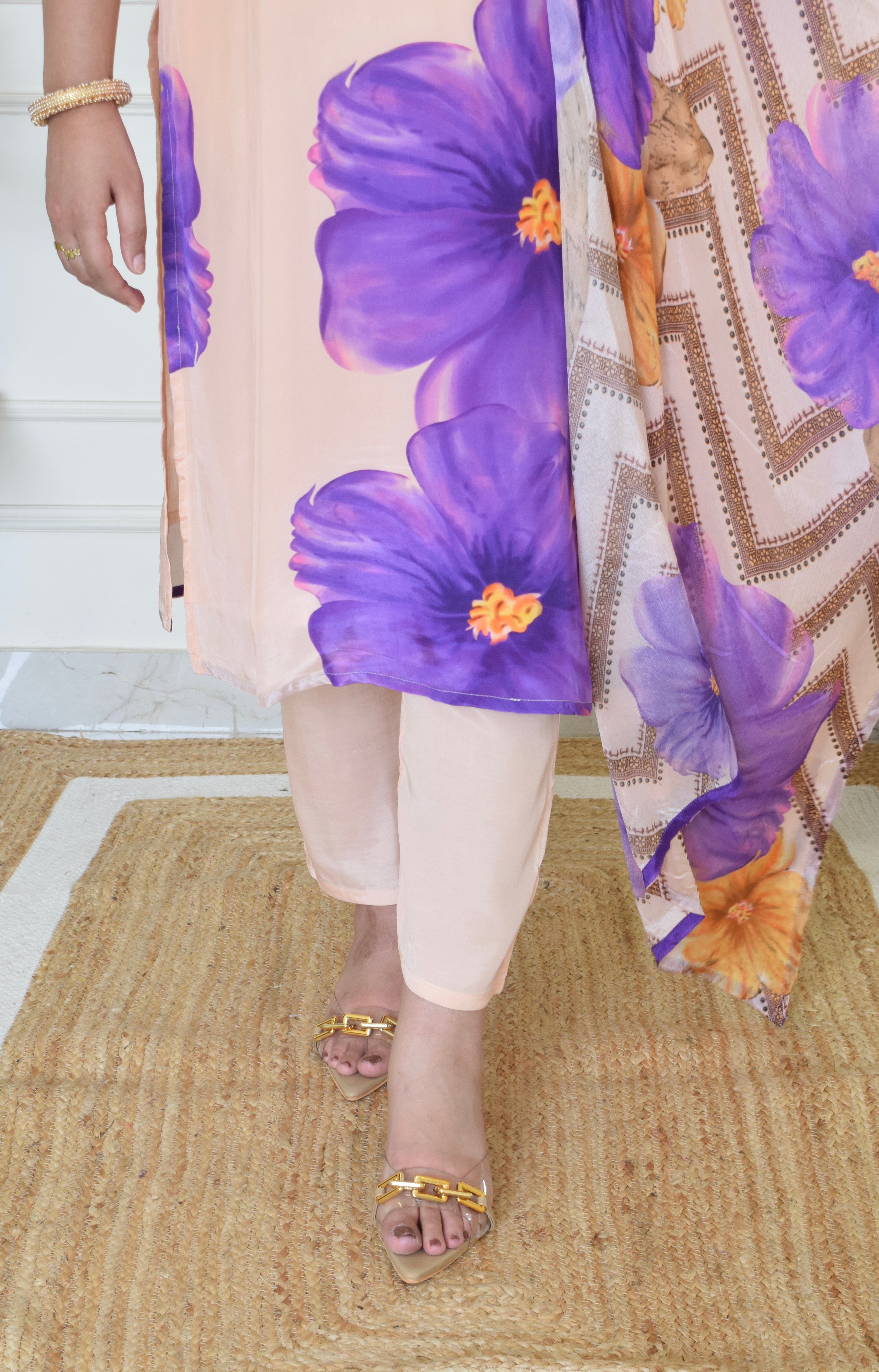 Floral Print Pure Crepe Suit Set- Lavender