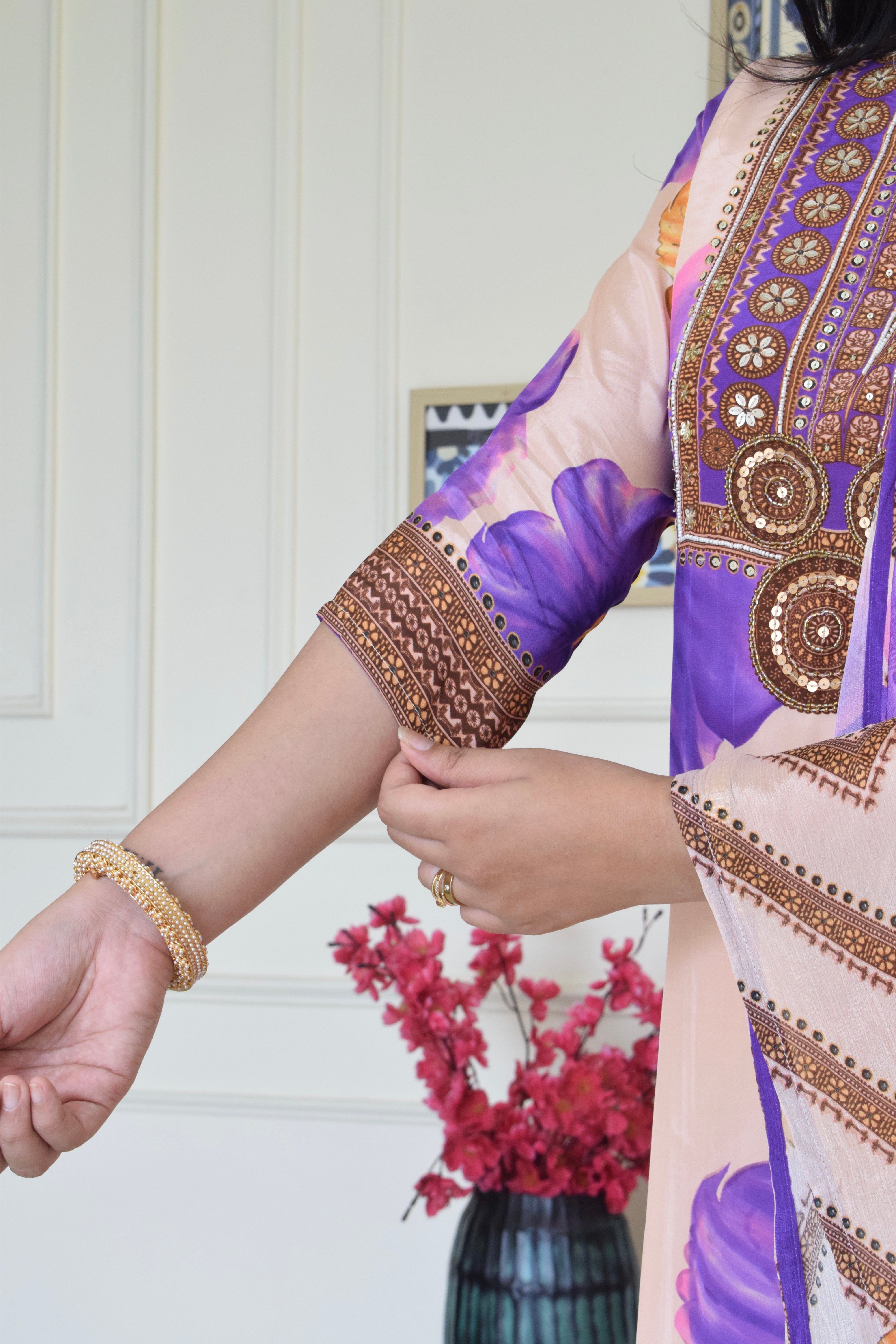 Floral Print Pure Crepe Suit Set- Lavender