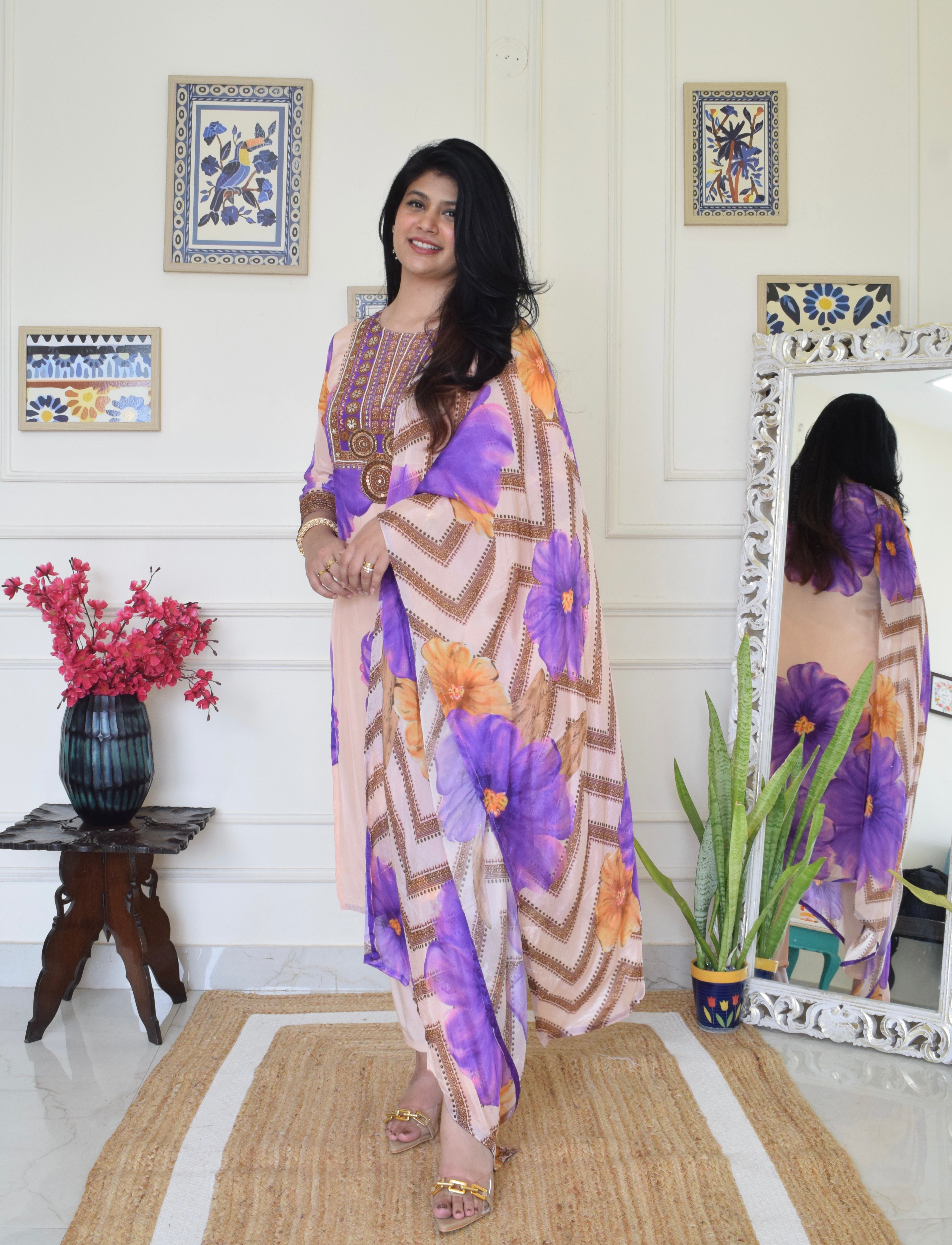 Floral Print Pure Crepe Suit Set- Lavender