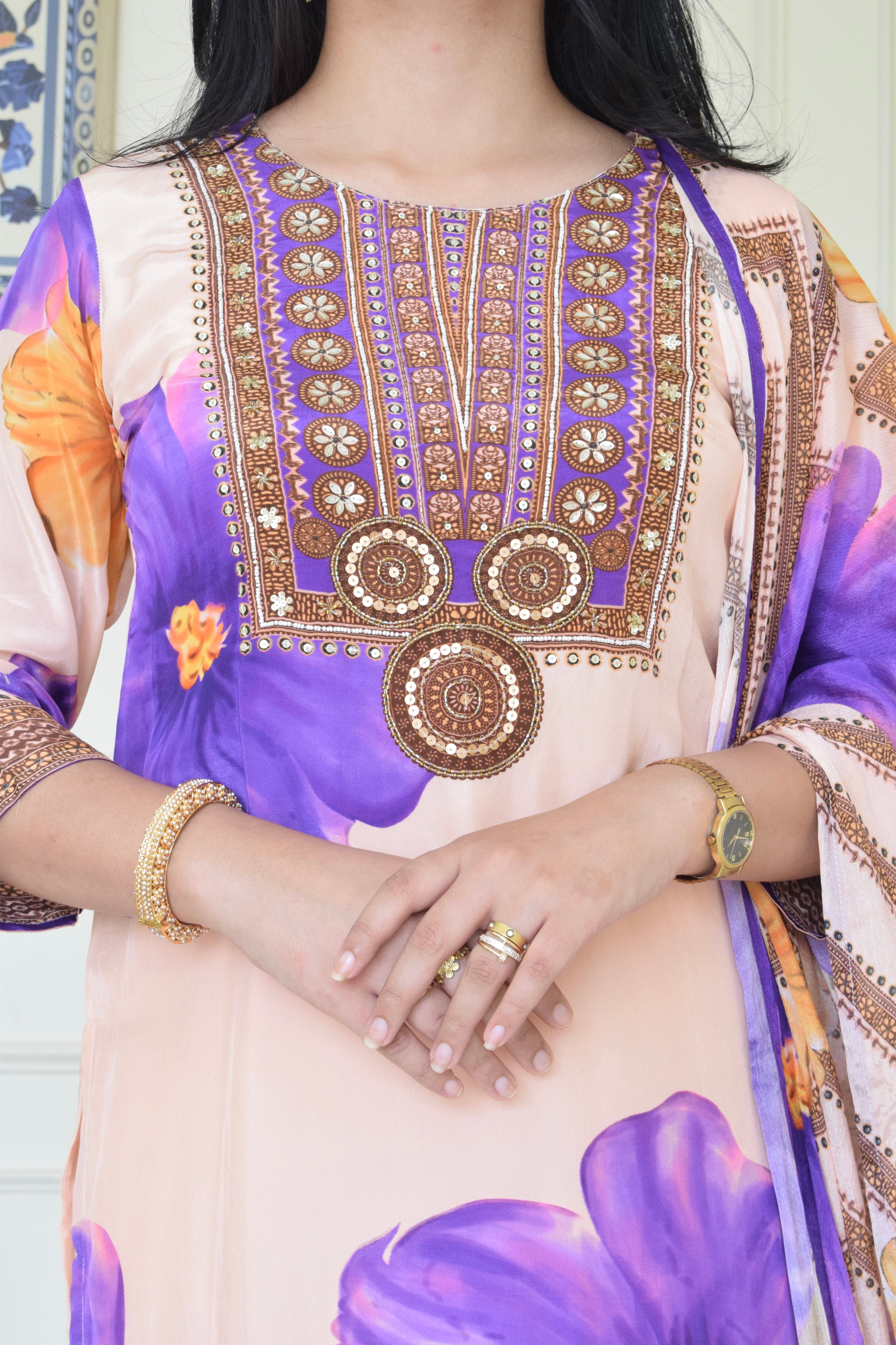 Floral Print Pure Crepe Suit Set- Lavender