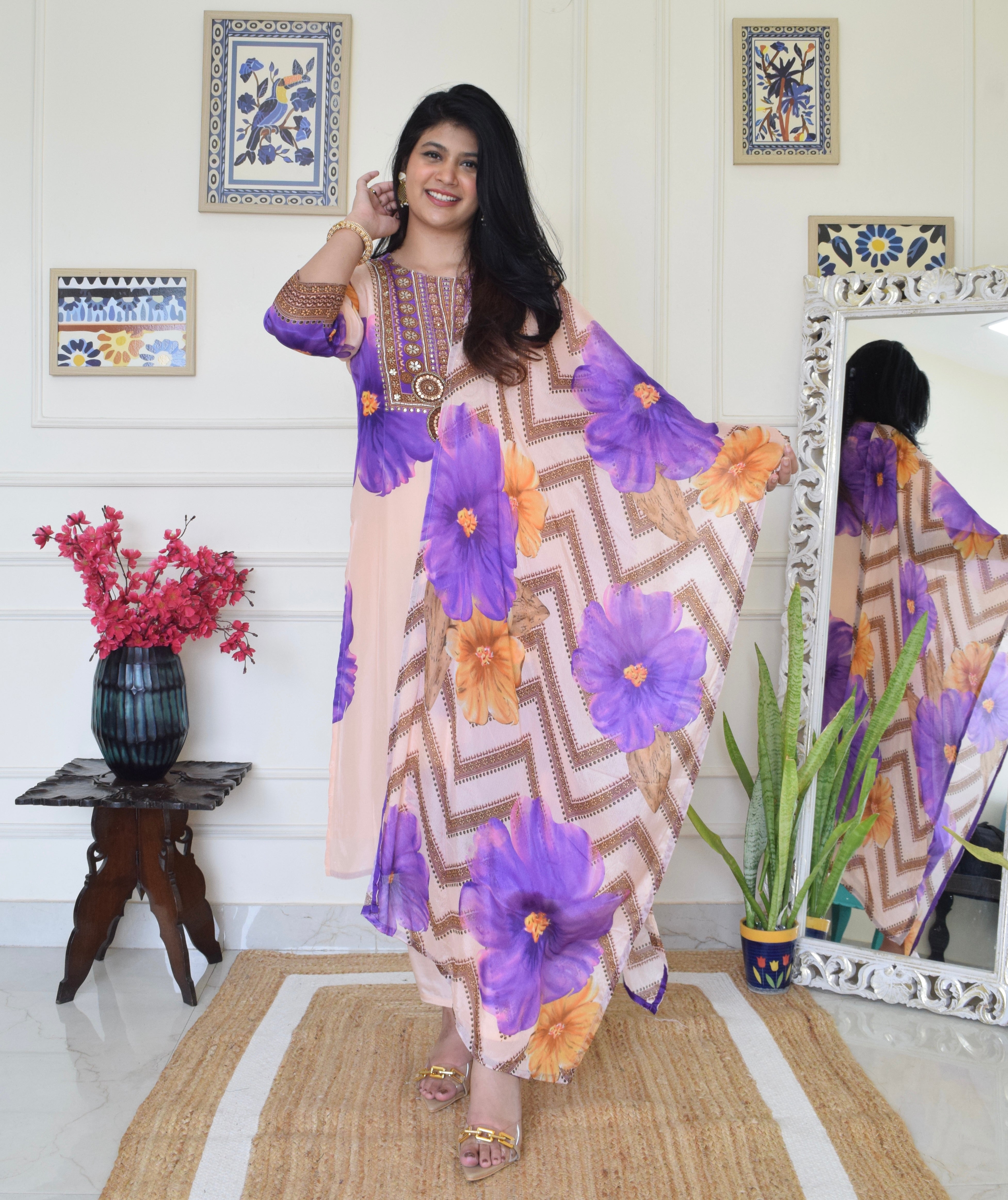 Floral Print Pure Crepe Suit Set- Lavender