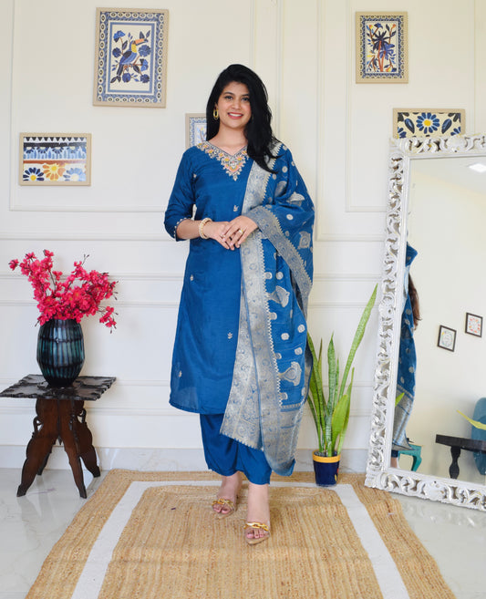 Pure Dola Silk Hand Embroidered Suit set- Teal