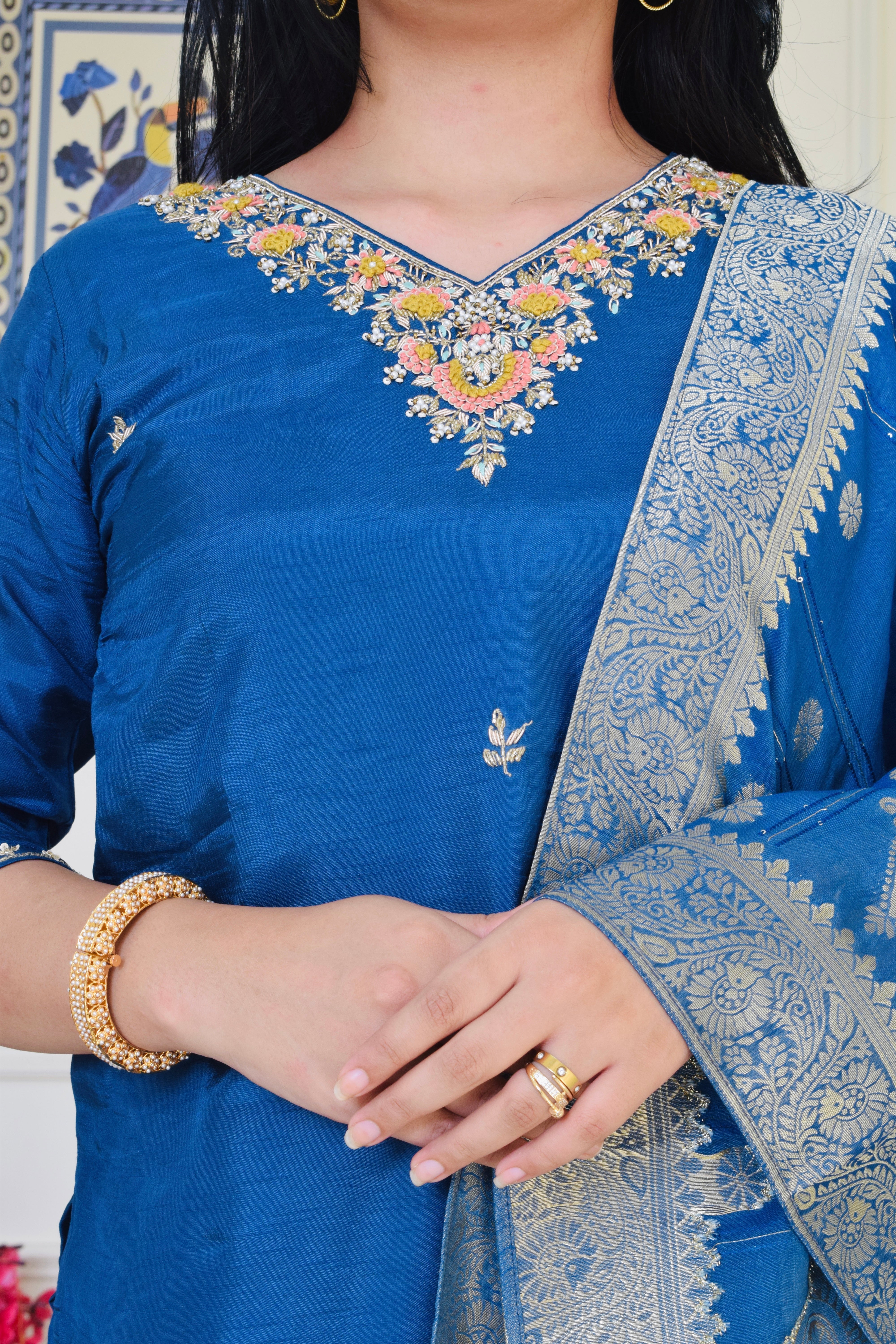 Pure Dola Silk Hand Embroidered Suit set- Teal