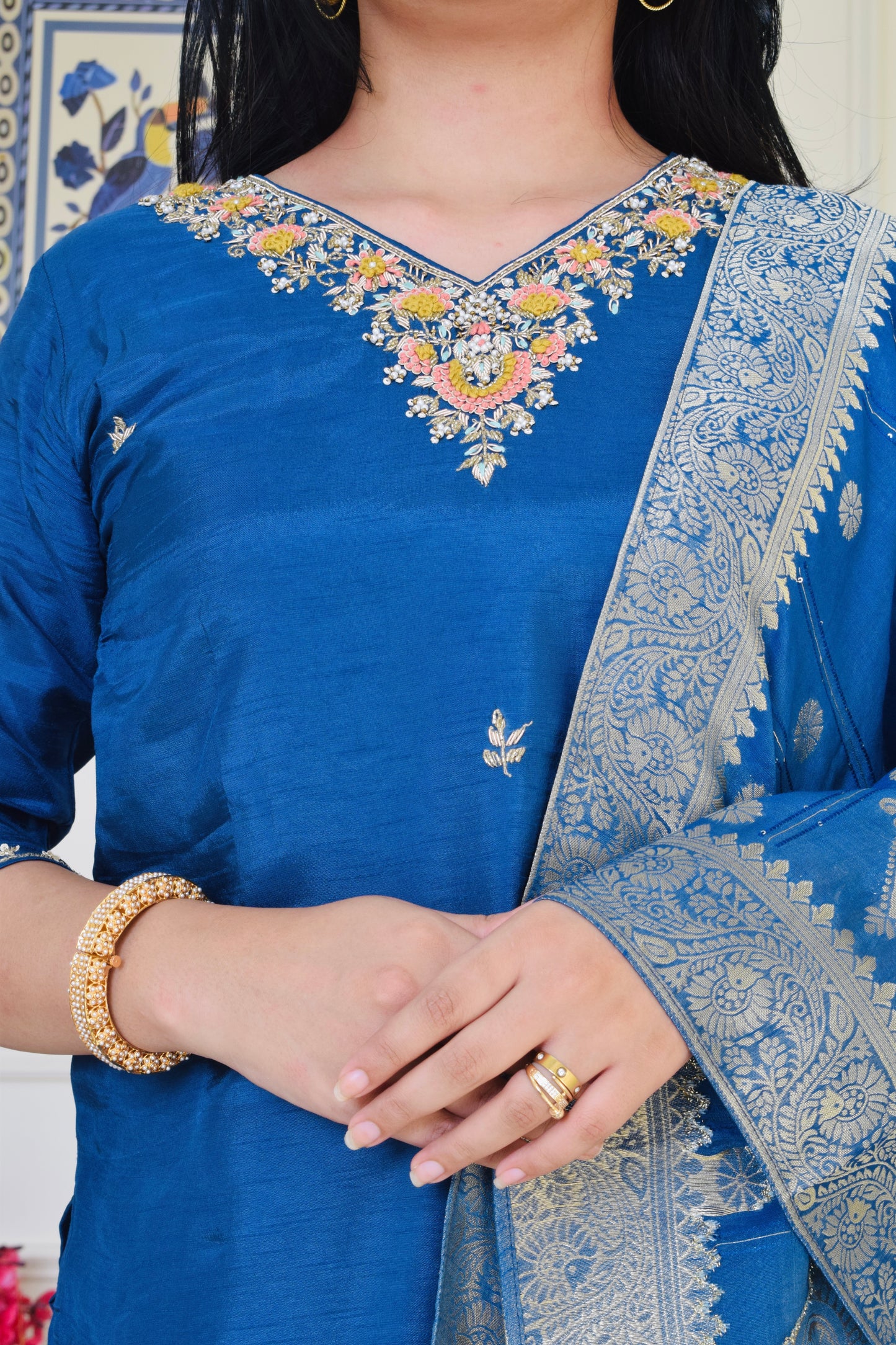 Pure Dola Silk Hand Embroidered Suit set- Teal