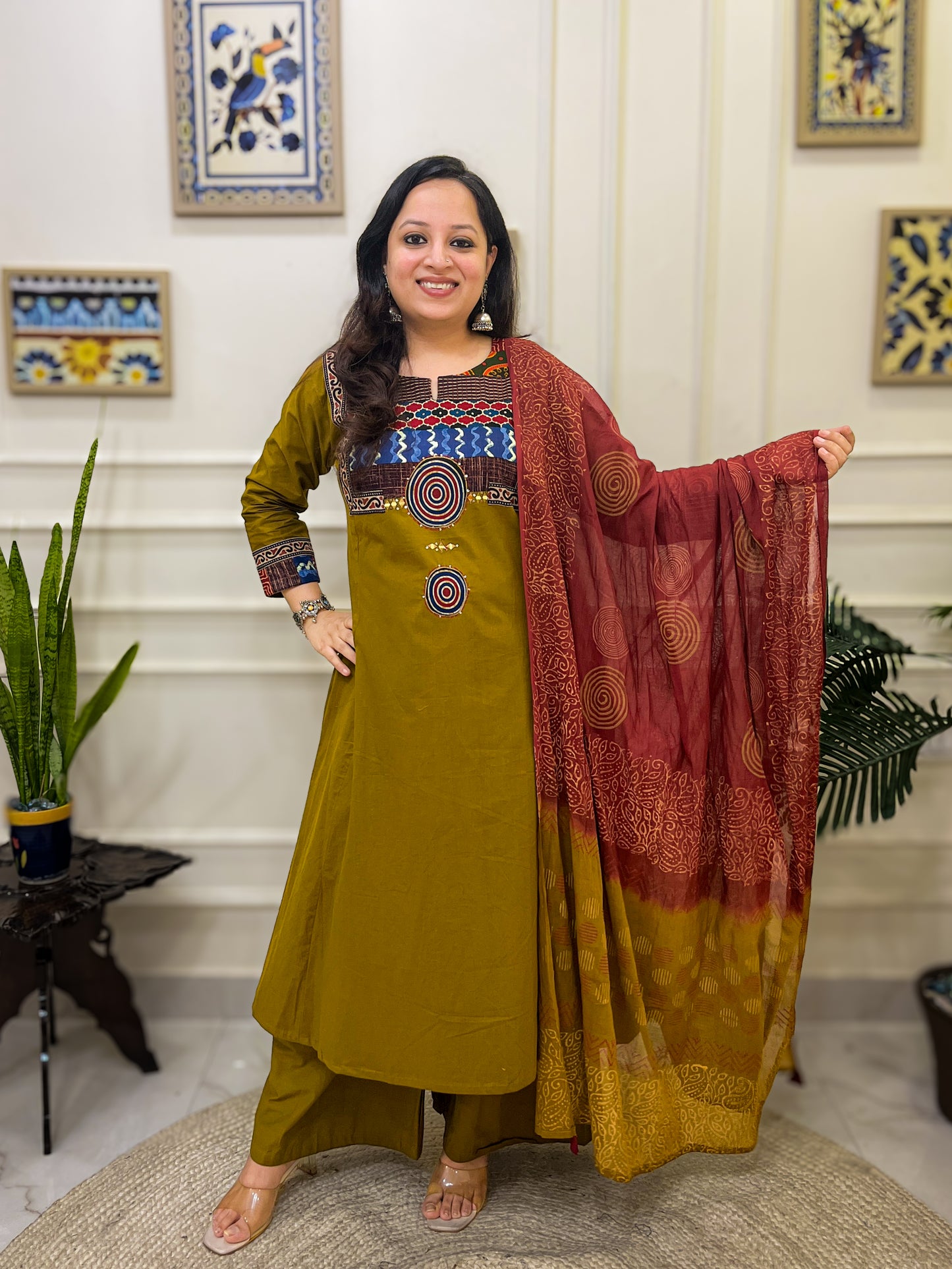 Gamthi Anarkali Suit set with mirror work- Mustard Colour