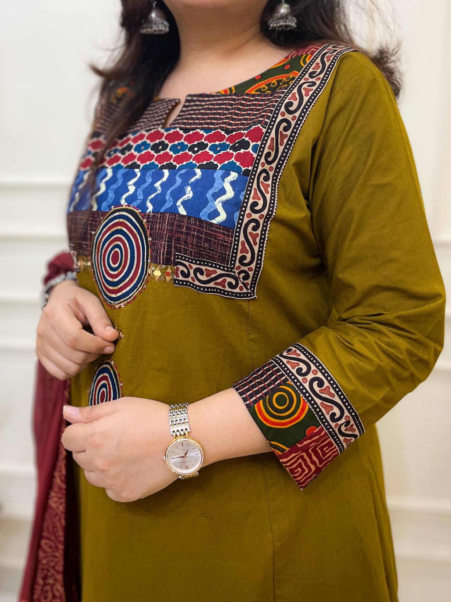 Gamthi Anarkali Suit set with mirror work- Mustard Colour