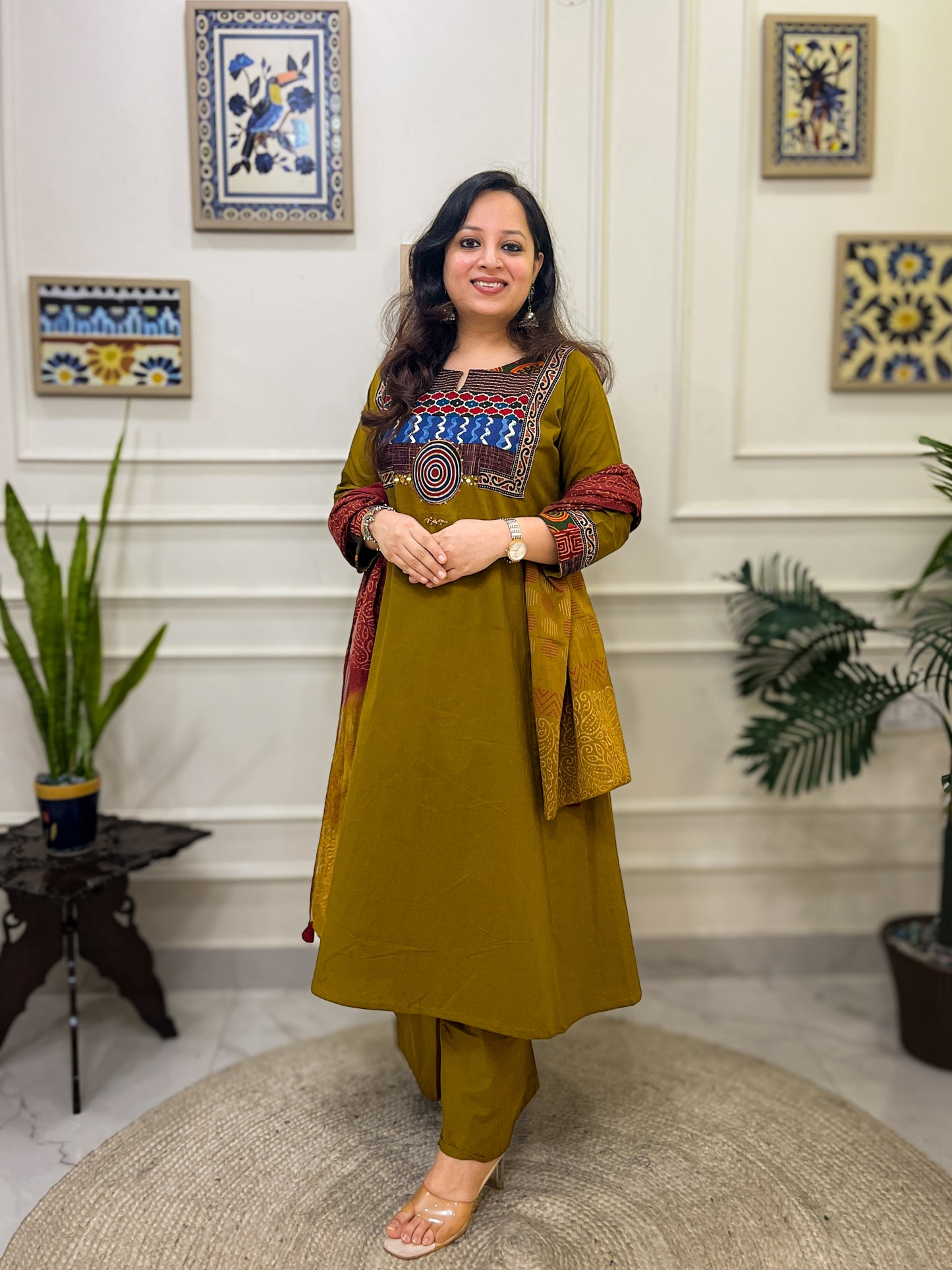 Gamthi Anarkali Suit set with mirror work- Mustard Colour