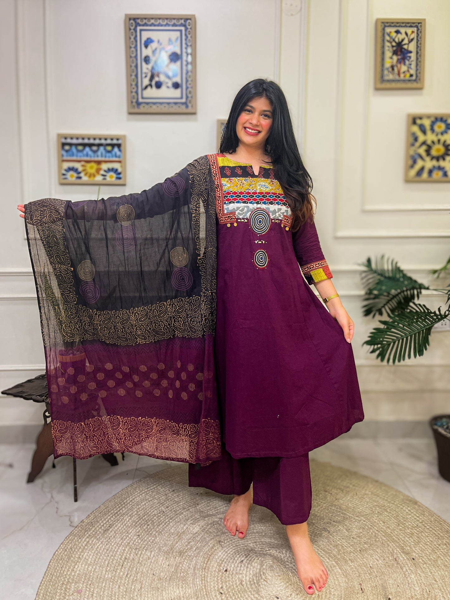 Gamthi Anarkali Suit set with mirror work- Wine Colour